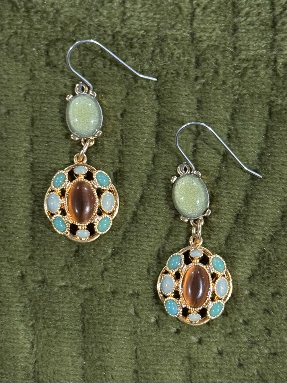 Vintage 90's Gold-Tone Green & Turquoise Drop Earrings with Amber Center